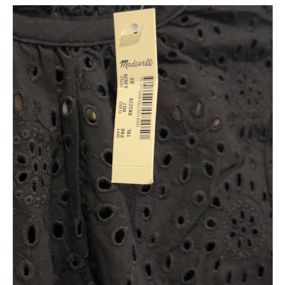 NWT: Madewell - Women's Black, Ruffle Neck, Short Sleeve, Eyelet Blouse (XS) - Picture 3 of 3